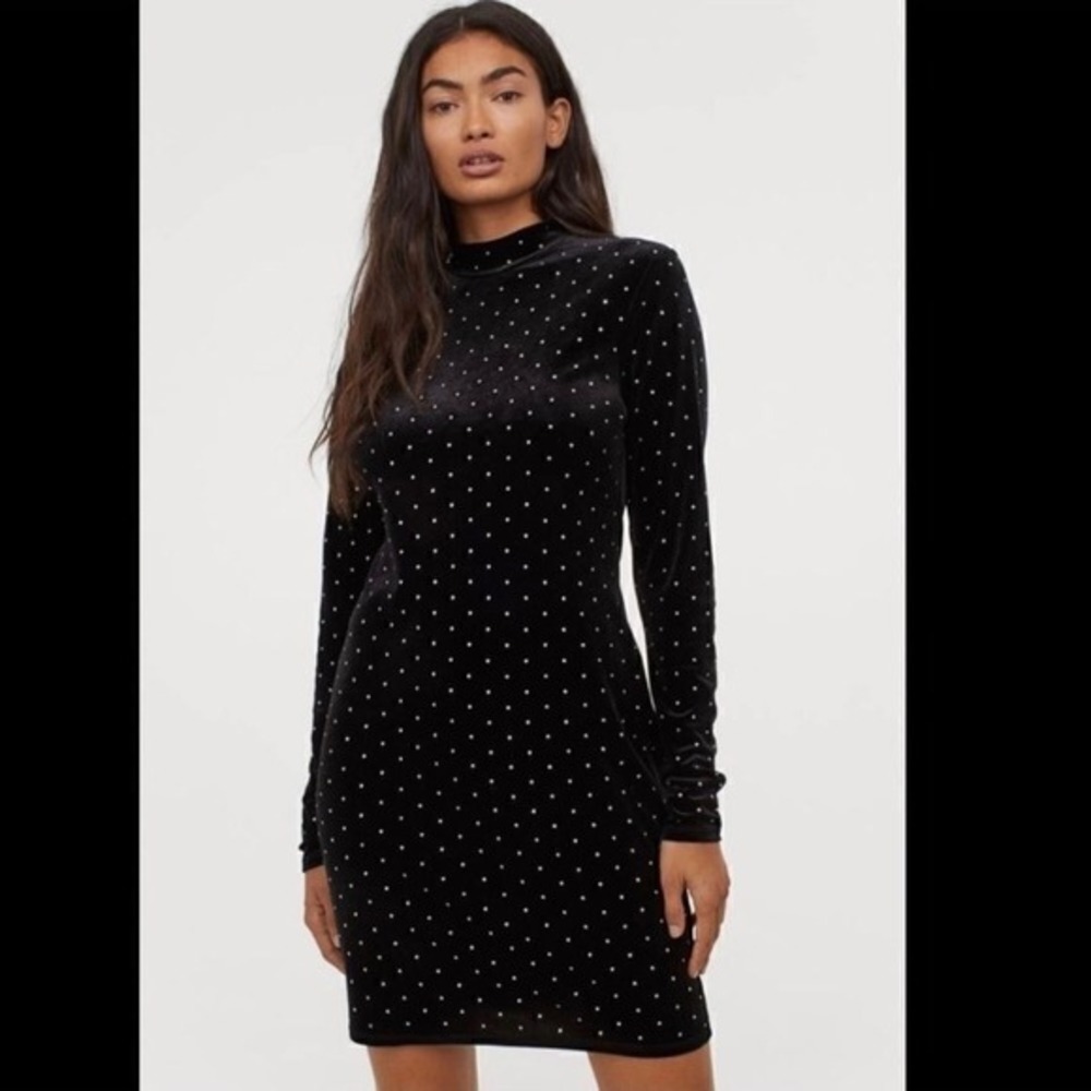H&M Velvet Studded Mock Neck Sheath Dress Black Small Long Sleeve Party